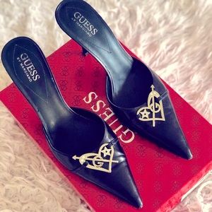 Guess by Marciano leather mules in Black with metal/crystal plate. Sz 9.5/Eur 40